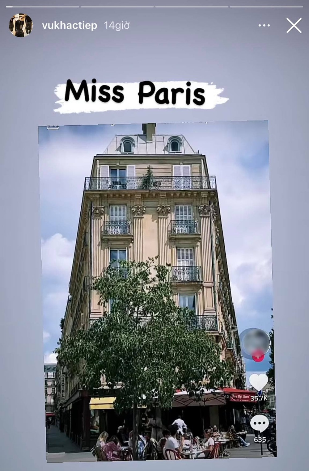 Vũ Khắc Tiệp mới đây đã bày tỏ nỗi nhớ với Paris. (Ảnh: Chụp màn hình)