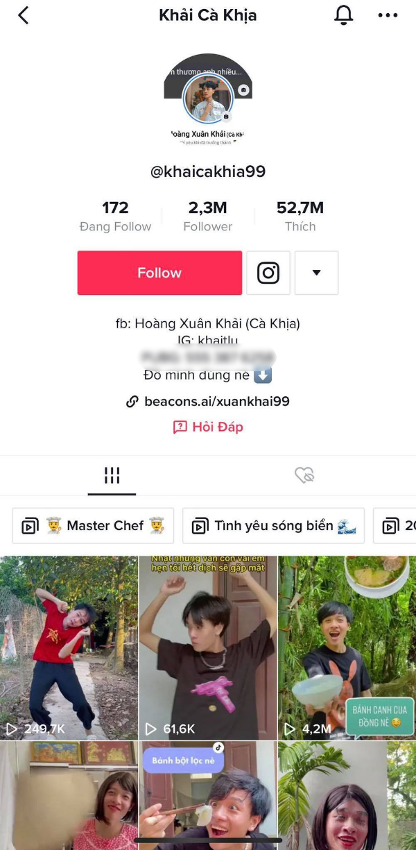  
Kênh TikTok triệu view của Khải Cà Khịa.