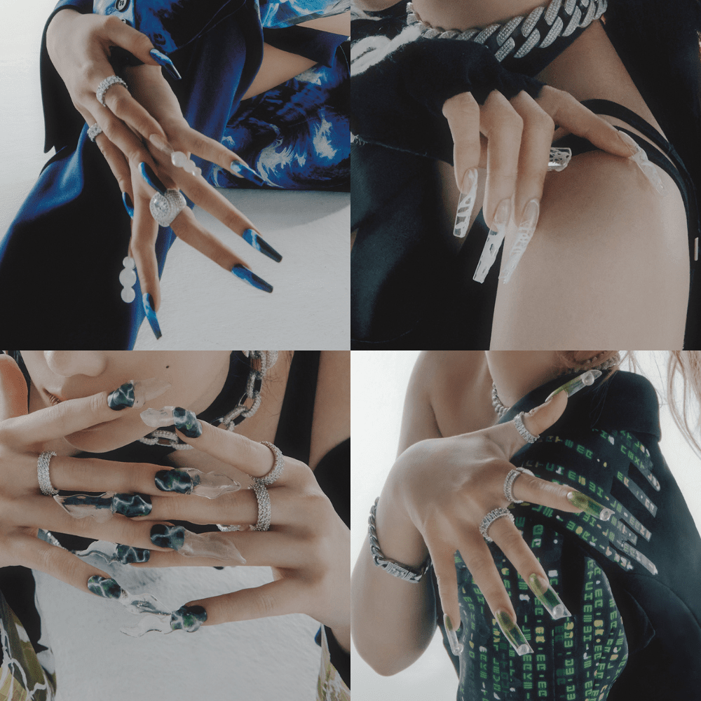  4 bộ nail được thiết kế dựa theo màu sắc và họa tiết trên trang phục của từng thành viên trong bộ ảnh Hallucination Quest (1). (Ảnh: T.H)