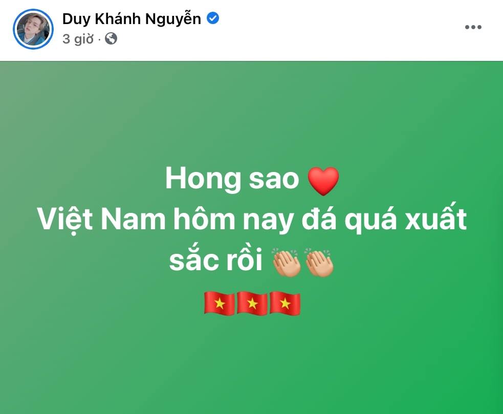  
Duy Khánh dành hết lời khen ngợi khi đội tuyển Việt Nam đã làm hết sức xuất sắc. (Ảnh: Chụp màn hình) - Tin sao Viet - Tin tuc sao Viet - Scandal sao Viet - Tin tuc cua Sao - Tin cua Sao