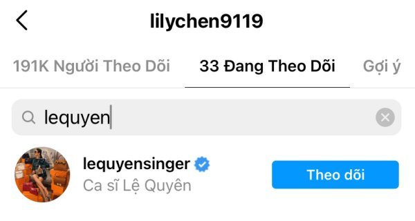  
Lily Chen vẫn theo dõi Lệ Quyên trên Instagram. (Ảnh: Chụp màn hình) - Tin sao Viet - Tin tuc sao Viet - Scandal sao Viet - Tin tuc cua Sao - Tin cua Sao
