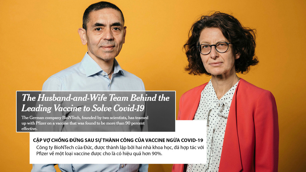  Tờ New York TImes đưa tin về cặp vợ chồng tiến sĩ đã tạo ra vaccine Pfizer. (Ảnh: New York Times/A.N)