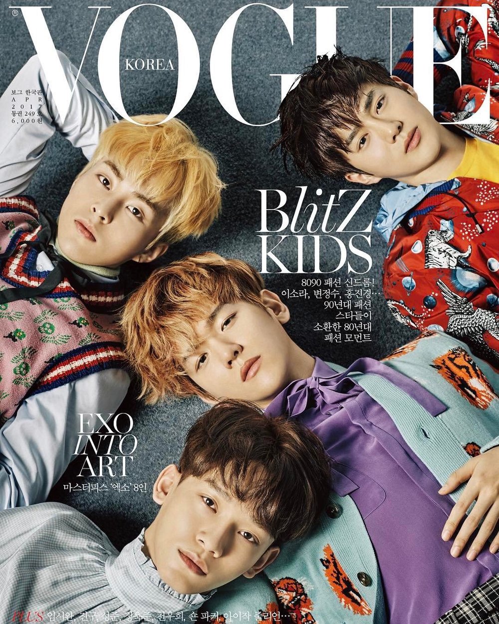  
Sau 5 năm ra mắt, 8 thành viên EXO đã cùng chia nhau xuất hiện trên bìa đôi của Vogue Hàn Quốc. (Ảnh: Vogue Korea)