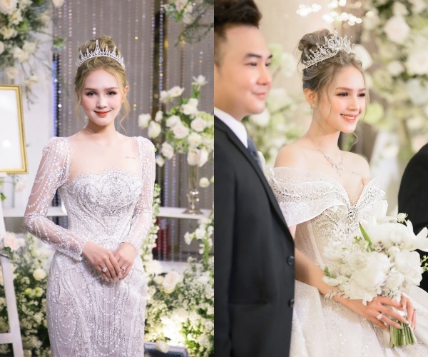  
Hai mẫu váy cưới tiếp theo cũng "ngốn" của vợ chồng Xoài Non hơn hàng trăm triệu đồng. (Ảnh: FBNV)