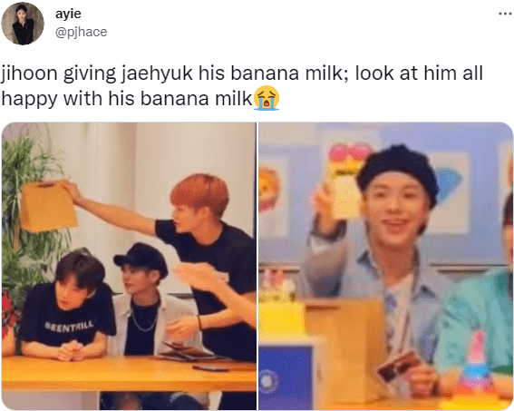  
Jaehyuk hớn hở vì nhận được quà sinh nhật là món sữa chuối yêu thích. (Ảnh: pjhace)