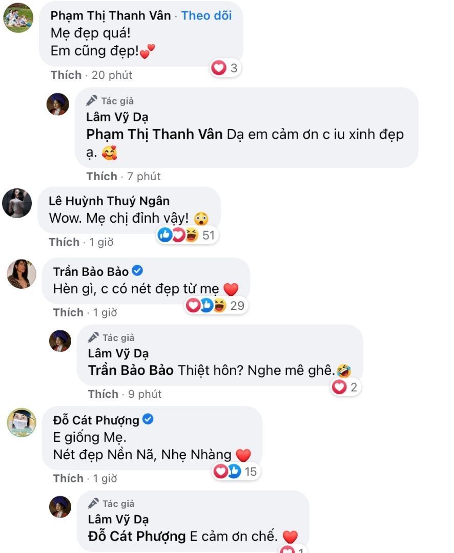  
Hàng loạt sao Việt đã dành lời khen ngợi trước nhan sắc mẹ ruột Lâm Vỹ Dạ. (Ảnh: Chụp màn hình) - Tin sao Viet - Tin tuc sao Viet - Scandal sao Viet - Tin tuc cua Sao - Tin cua Sao