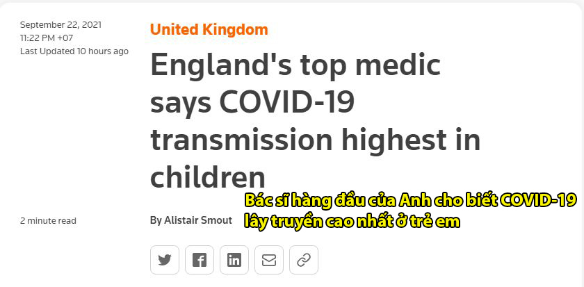  
Bài báo được đăng trên trang Reuters về vấn đề lây nhiễm Covid-19 ở trẻ em. (Ảnh: Chụp màn hình)