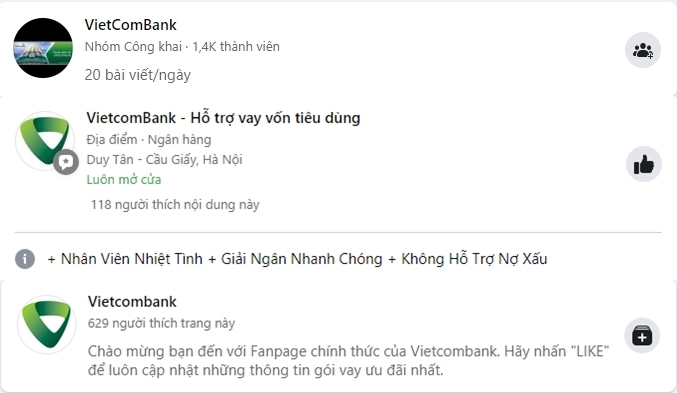  
Một số trang giả mạo fanpage Vietcombank. (Ảnh: Chụp màn hình)