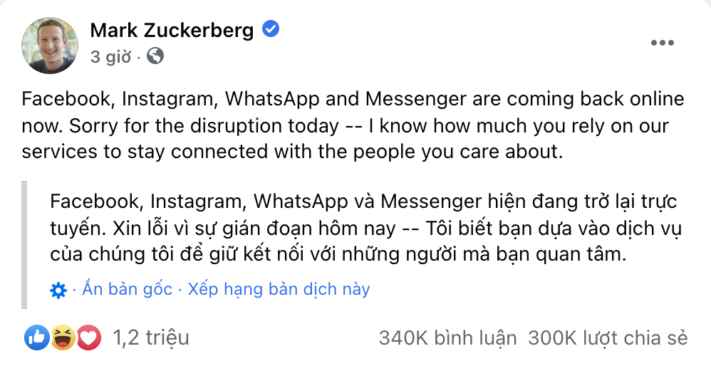  
Bài đăng của tỉ phú Mark Zuckerberg. (Ảnh: Chụp màn hình)