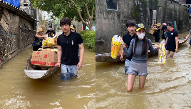  
Ca sĩ Thủy Tiên và YouTuber Huy Lê trong chuyến đi cứu trợ. 