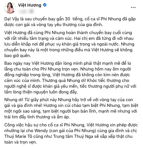  
Việt Hương có những chia sẻ đầy xúc động sau khi đưa tro cốt Phi Nhung về với người thân. (Ảnh: Chụp màn hình) - Tin sao Viet - Tin tuc sao Viet - Scandal sao Viet - Tin tuc cua Sao - Tin cua Sao