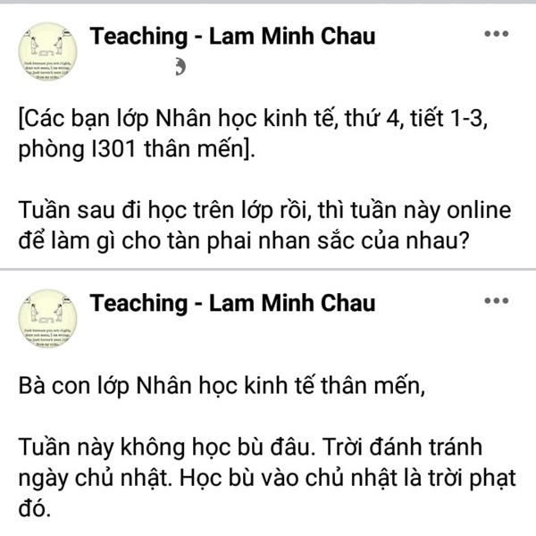  
Những bản tin thông báo việc dạy học của thầy Châu luôn khiến sinh viên thích thú. (Ảnh chụp màn hình)