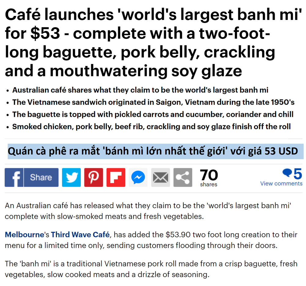  
Daily Mail đưa tin về cửa hàng cà phê bán bánh mì "lớn nhất thế giới". (Ảnh: Chụp màn hình)