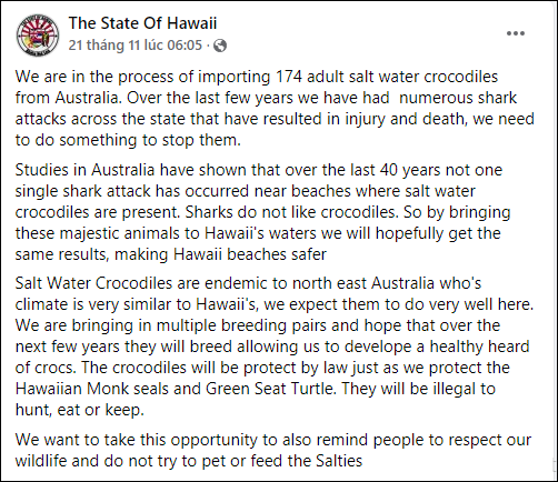 
Thông tin về việc Hawaii sẽ tiến hành thu mua cá sấu nước mặn để đối phó với cá mập. (Ảnh: Chụp màn hình)