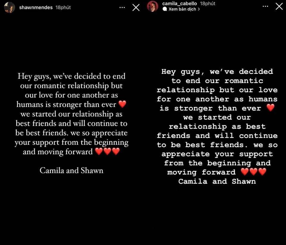 
Shawn Mendes và Camila Cabello xác nhận chia tay trên trang cá nhân. (Ảnh: Chụp màn hình)