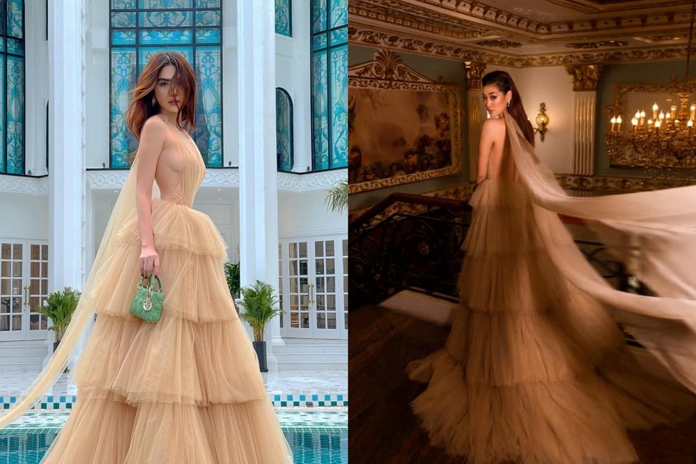 
"Nữ hoàng nội y" và Khánh Vân "đụng hàng" mẫu váy nữ tính. (Ảnh: FBNV)