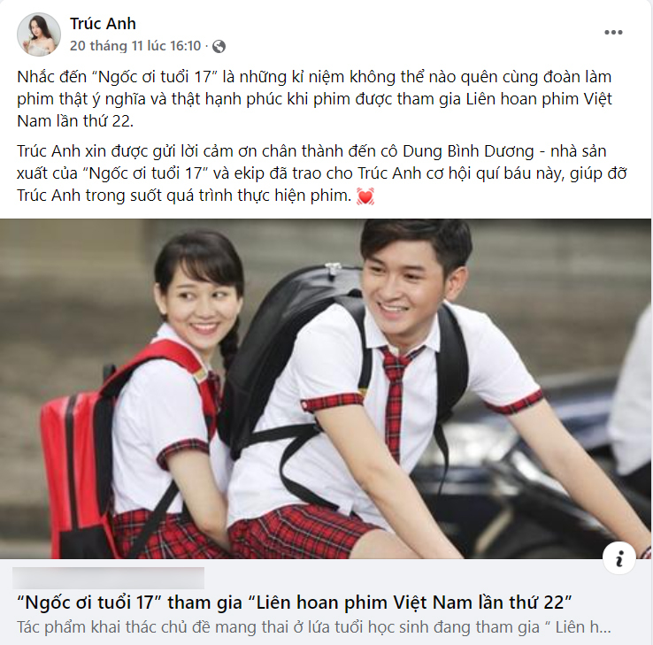  
Bài đăng của Trúc Anh sau khi dự LHP Việt Nam lần thứ 22. (Ảnh: Chụp màn hình)
