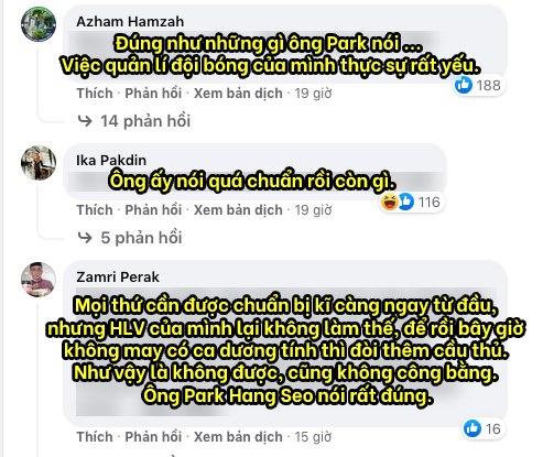  
Một số bình luận của người hâm mộ Malaysia. (Ảnh chụp màn hình: Fanpage HarimauMalaya)