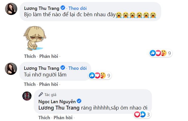 
Lương Thu Trang không giấu được nỗi nhớ nhung dành cho đàn chị nên phải liên tục bày tỏ. (Ảnh: Facebook Ngọc Lan)