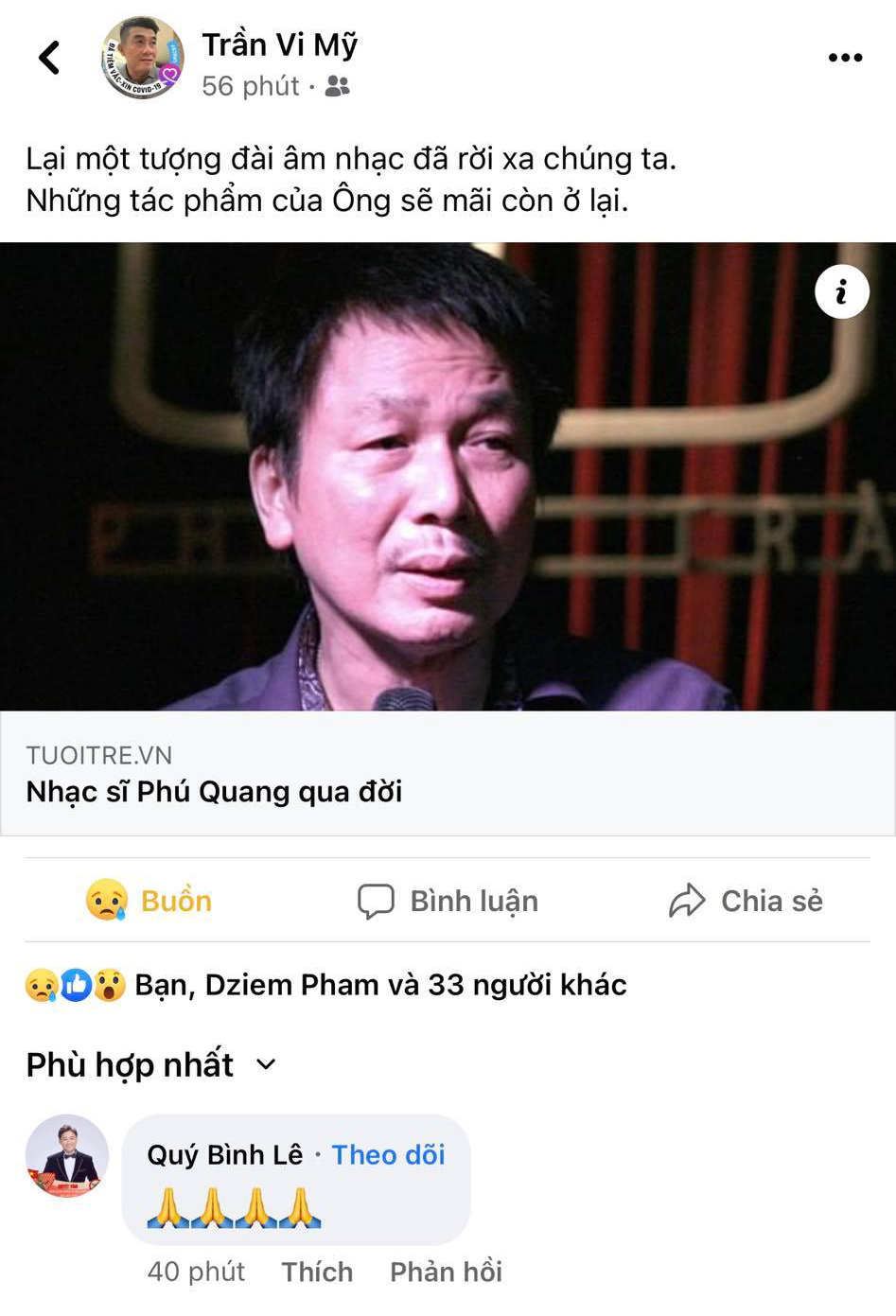  
Diễn viên Quý Bình, đạo diễn Trần Vi Mỹ, quản lý Phi Nhung đều buồn lòng trước sự ra đi của nam nhạc sĩ. (Ảnh: Chụp màn hình FB Trần Vi Vỹ) - Tin sao Viet - Tin tuc sao Viet - Scandal sao Viet - Tin tuc cua Sao - Tin cua Sao