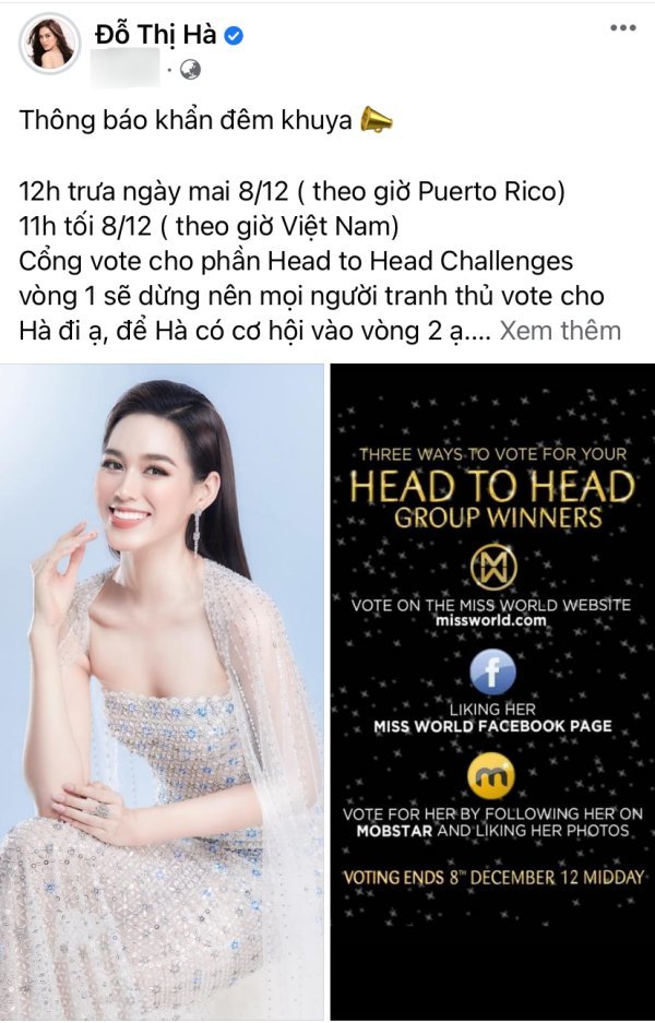  
Đỗ Thị Hà kêu gọi cộng đồng fan sắc đẹp trong nước bình chọn cho mình tại Miss World 2021. (Ảnh: FB Đỗ Thị Hà)