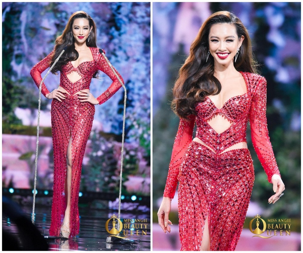  
Thùy Tiên tỏa sáng lộng lẫy trong thiết kế Red Diamond Gown tại đêm Bán kết MGi 2021. (Ảnh: Miss Angie Beauty Queen)