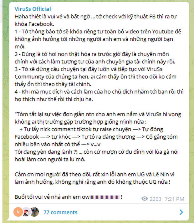  
Bài chia sẻ của ViruSs trong nhóm trên Telegram. (Ảnh: Pháp luật và bạn đọc) - Tin sao Viet - Tin tuc sao Viet - Scandal sao Viet - Tin tuc cua Sao - Tin cua Sao
