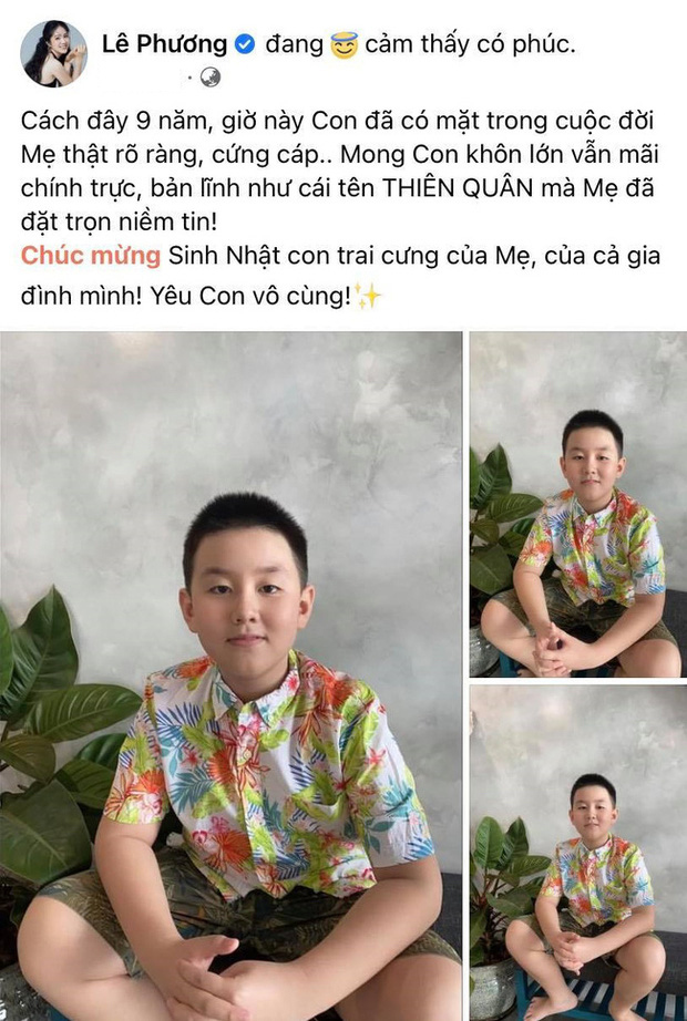  
Lê Phương chúc mừng khi con trai tròn 9 tuổi. (Ảnh: Chụp từ FB Lê Phương) - Tin sao Viet - Tin tuc sao Viet - Scandal sao Viet - Tin tuc cua Sao - Tin cua Sao