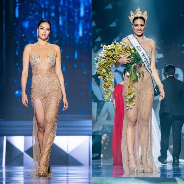  
Trang phục và vóc dáng "vừa đủ" của người đẹp lúc đăng quang Hoa hậu Hoàn vũ Thái Lan. (Ảnh: FB Anchilee)
