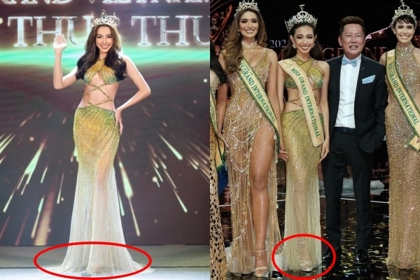  
Nguyễn Thúc Thùy Tiên tự tay cắt váy để catwalk dễ dàng hơn trong đêm chung kết. (Ảnh: Facebook Nguyễn Thúc Thùy Tiên)