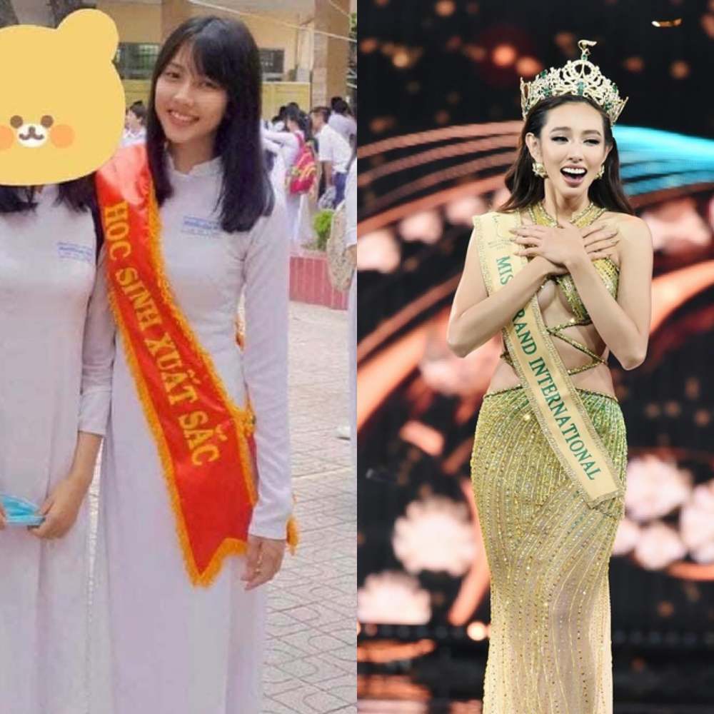  
Thùy Tiên khi còn là học sinh và Thùy Tiên với danh hiệu Hoa hậu hiện tại. (Ảnh: Facebook Nguyễn Thúc Thùy Tiên)