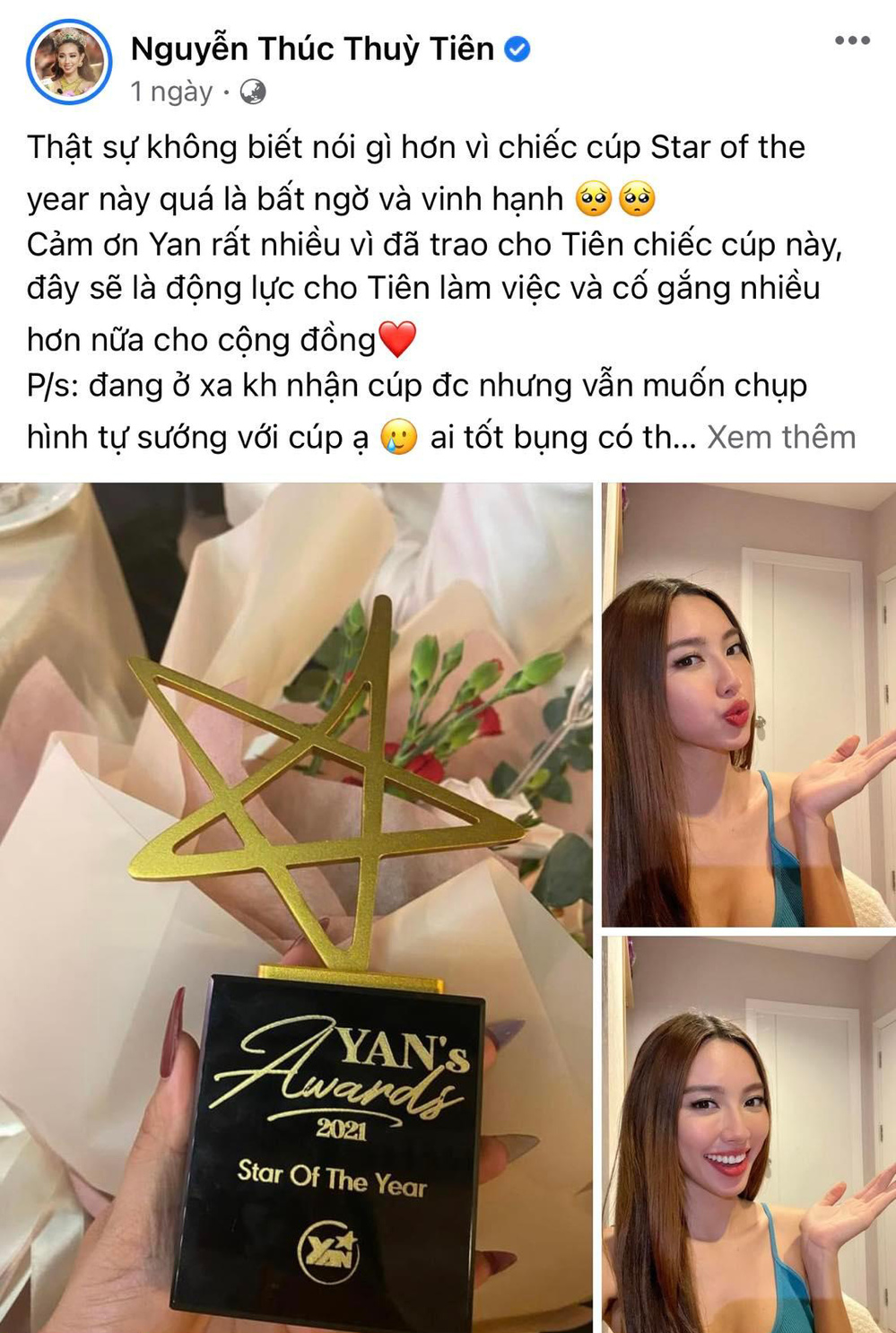  
Miss Grand International 2021 rất hào hứng khi được nhận giải thưởng của YAN. (Ảnh: Chụp từ FB Nguyễn Thúc Thùy Tiên) - Tin sao Viet - Tin tuc sao Viet - Scandal sao Viet - Tin tuc cua Sao - Tin cua Sao