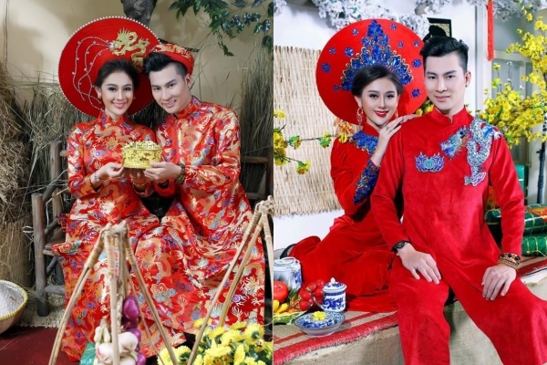  
Xuất hiện đồng điệu trong mẫu áo dài cưới đỏ rực rỡ, Lâm Khánh Chi và chồng cũ còn khiến dân tình phát hờn với cách tạo dáng tình tứ bên nhau. (Ảnh: FB Lâm Khánh Chi)