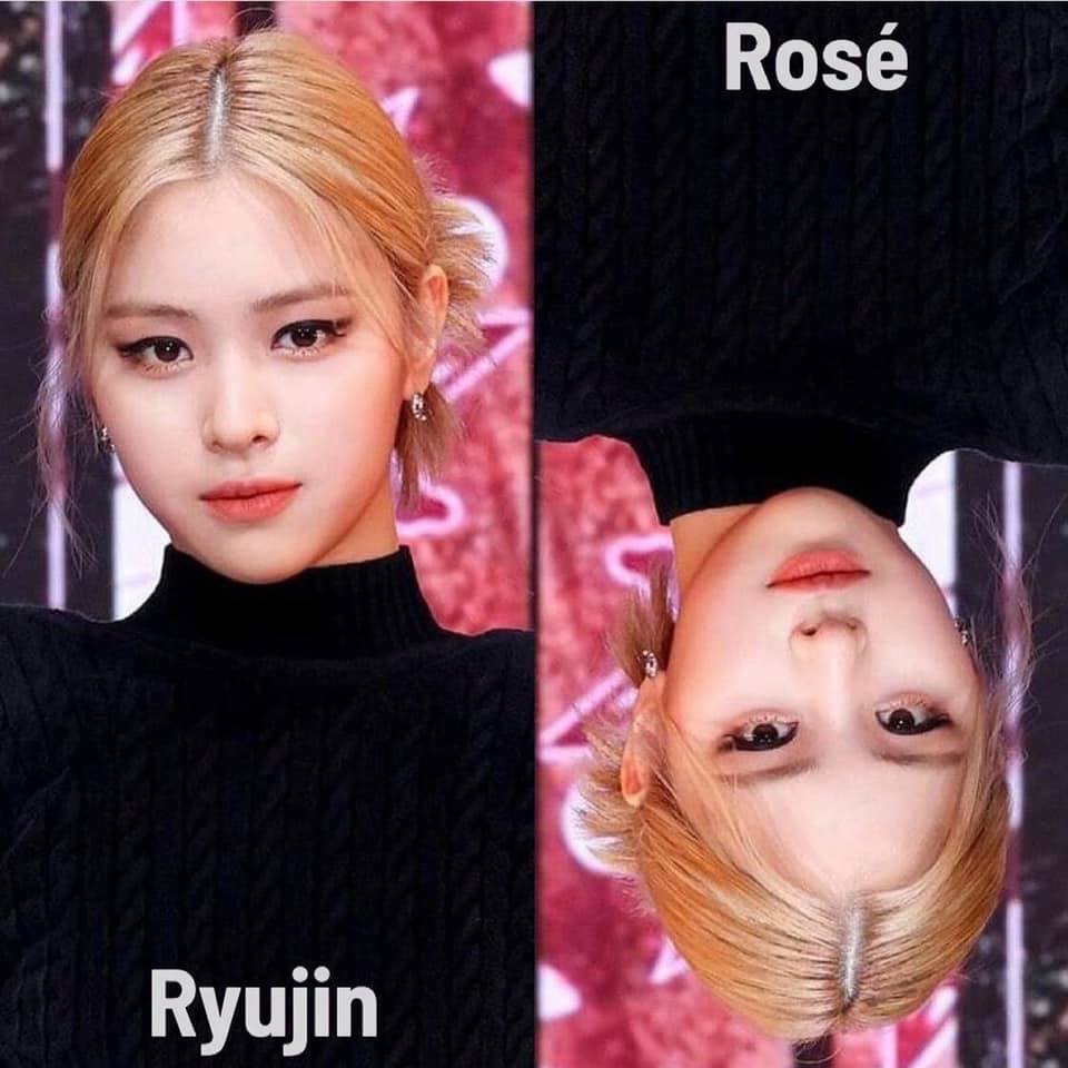  
Ryujin trông cực giống Rosé khi đảo ngược ảnh, đặc biệt là trong mái tóc vàng, buộc gọn. (Ảnh: Facebook Chaelisa Shipper)