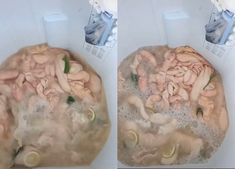  
Số lòng lợn được cho vào máy giặt để làm sạch. (Ảnh: Chụp màn hình TikTok @vuthaox8)