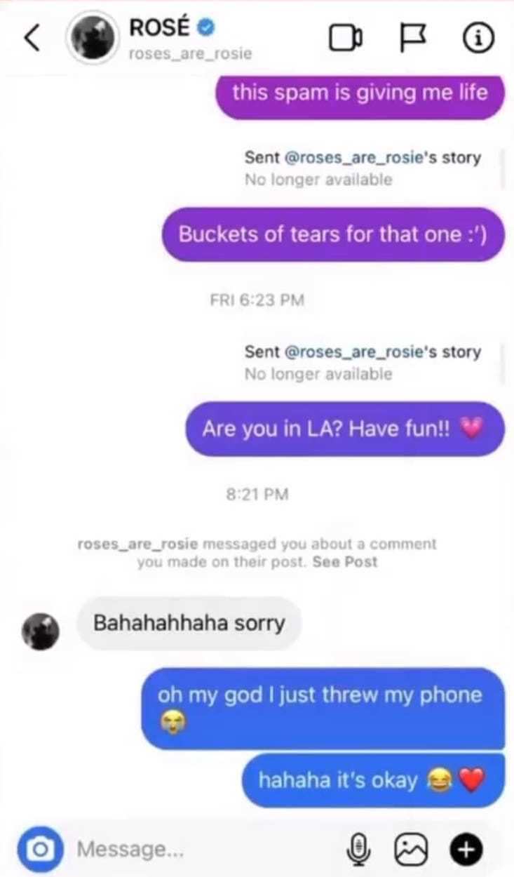  
Rosé bất ngờ trả lời tin nhắn fan trên Instagram. (Ảnh: Chụp màn hình @chaeng_says_cheeks)