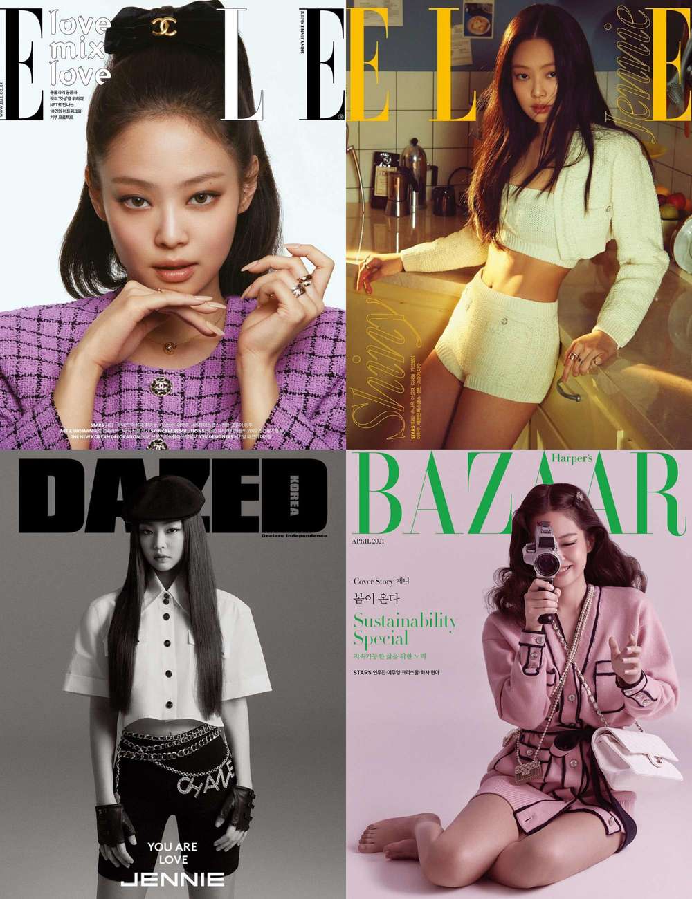  
Jennie thông thường xuyên được Chanel đưa lên bìa tập san. (Ảnh: Elle, Harper's Bazaar, Dazed)