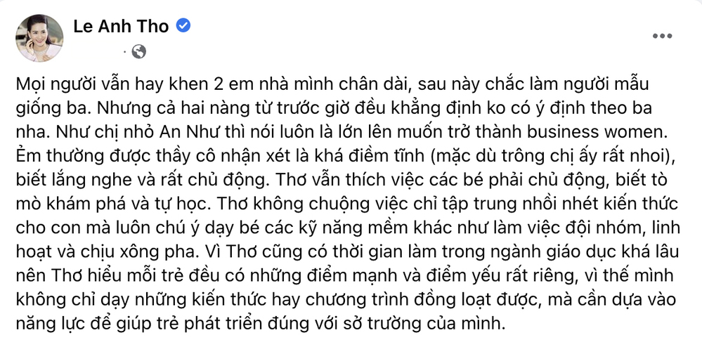  
Bà xã Bình Minh chia sẻ về 2 nàng "tiểu công chúa". (Ảnh: FB Lê Anh Thơ)