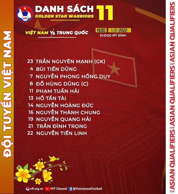  Đội hình ra sân của tuyển Việt Nam. (Ảnh: VFF)