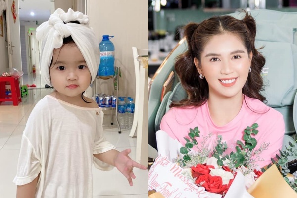  
Đôi mắt to tròn, làn da trắng của bé Sarah được netizen nhận xét là "sao y bản chính" của Ngọc Trinh. (Ảnh: FB Tiêu Quang + FB Ngọc Trinh)
