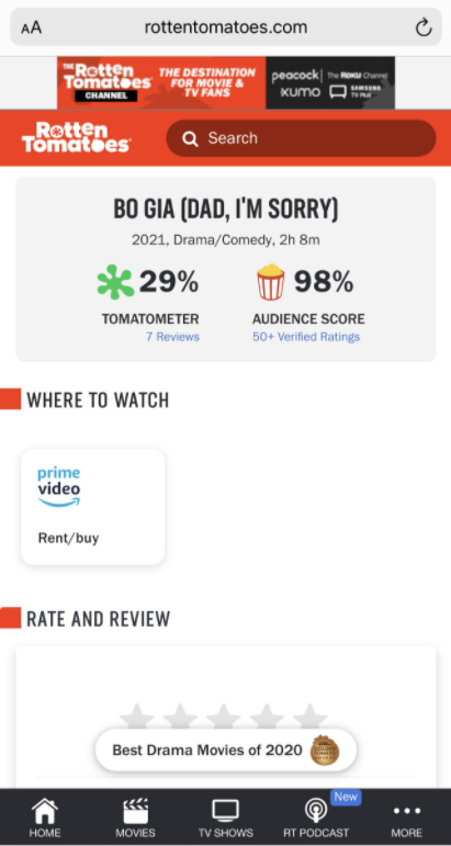 Bộ phim nhận được 7 đánh giá trên trang Rotten Tomatoes. (Ảnh: Chụp màn hình trang Rotten Tomatoes)