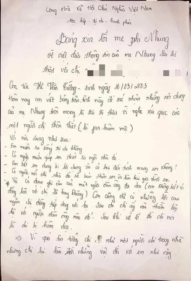  Lá thư viết tay có đề tên và thông tin cá nhân của Hồ Văn Cường. (Ảnh: HHSB) - Tin sao Viet - Tin tuc sao Viet - Scandal sao Viet - Tin tuc cua Sao - Tin cua Sao