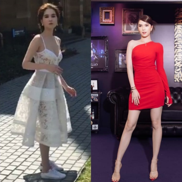
Sự khác biệt về vóc dáng của Ngọc Trinh trước và sau khi sử dụng giày cao gót. (Ảnh: FB Ngọc Trinh)