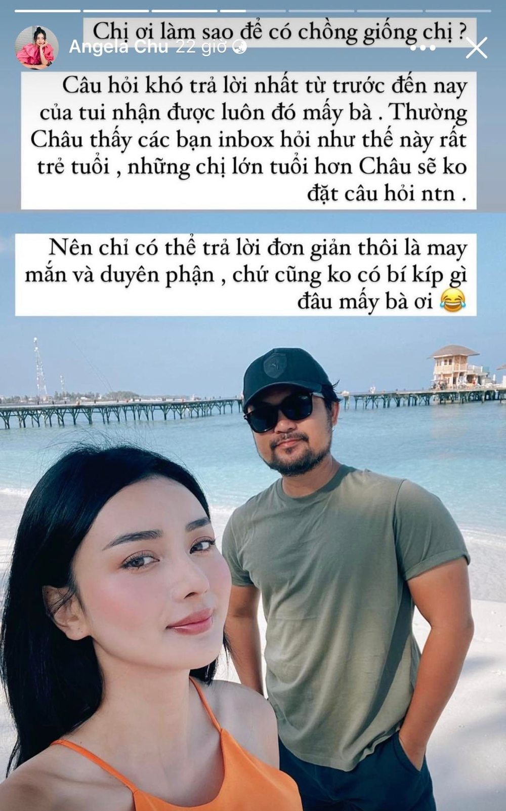  
Angela Chu thẳng thắn đáp trả khi được hỏi "làm sao để lấy chồng như chị?". (Ảnh: FB Angela Chu)