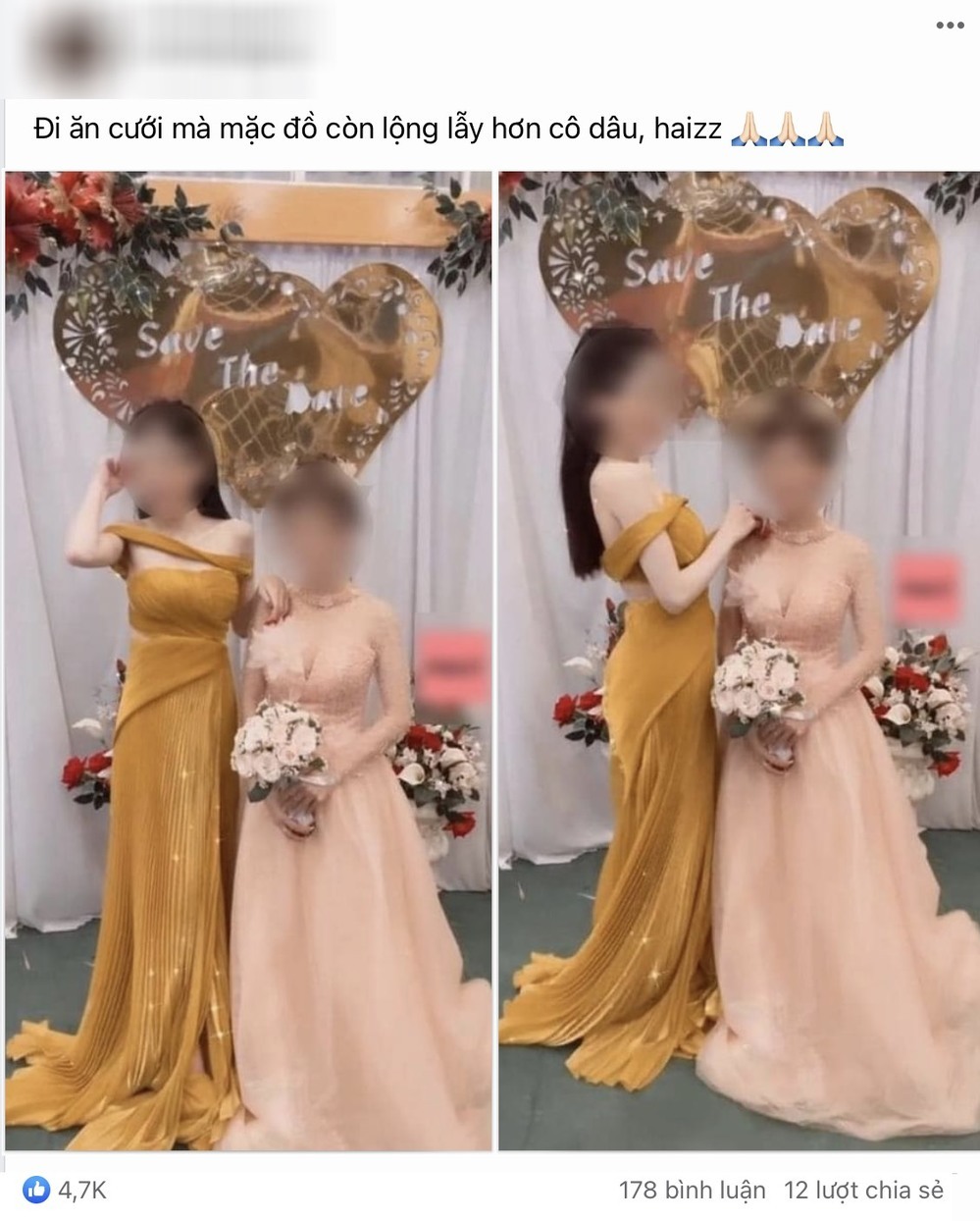  Cô gái váy vàng gây tranh cãi vì trang phục quá lộng lẫy và cách tạo dáng không phù hợp cạnh cô dâu. (Ảnh: Chụp màn hình FB A.H.)