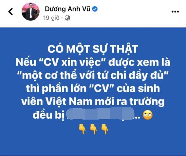  
Dương Anh Vũ gây tranh cãi khi góp ý về CV xin việc của sinh viên Việt Nam (Nguồn: Ảnh chụp màn hình)