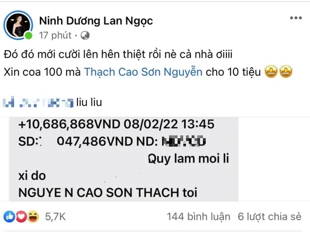  
S.T chuyển thẳng hơn 10 triệu đồng để lì xì cho Lan Ngọc. (Ảnh: Facebook Ninh Dương Lan Ngọc)