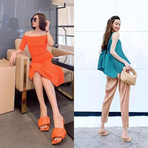 
Hai đôi dép cùng thương hiệu nhưng khác về màu sắc được hai người đẹp phối đồng tông màu với váy áo. (Ảnh: FB Lệ Quyên + Hồ Ngọc Hà)