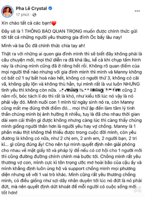  Pha Lê đăng tải một đoạn thông báo dài lên trang cá nhân, theo đó người đẹp tuyên bố đã chính thức ly hôn chồng ngoại quốc (Ảnh: FB Pha Lê). - Tin sao Viet - Tin tuc sao Viet - Scandal sao Viet - Tin tuc cua Sao - Tin cua Sao