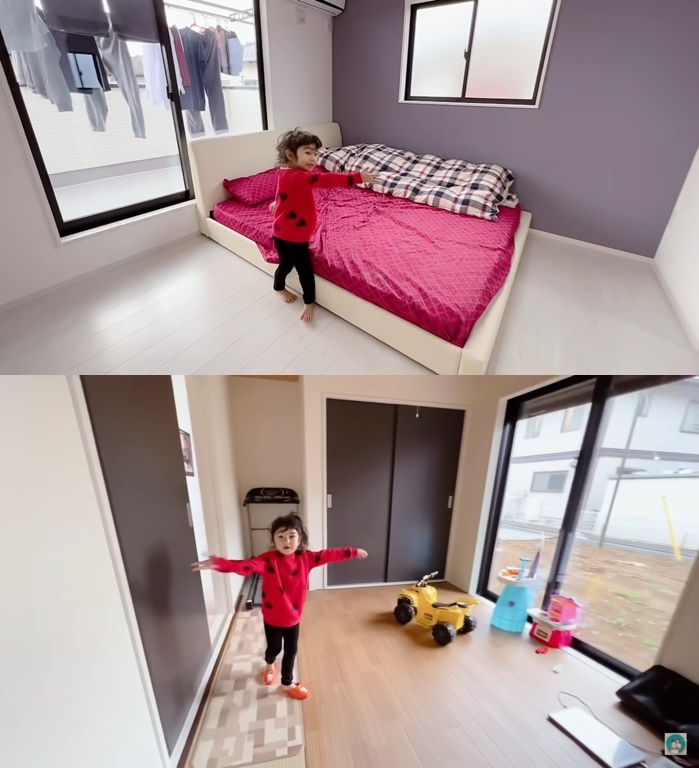  
Phòng ngủ lẫn khu vui chơi cho các con đều rất thoáng đãng. (Ảnh: Chụp màn hình YouTube Trang Miu Japan)